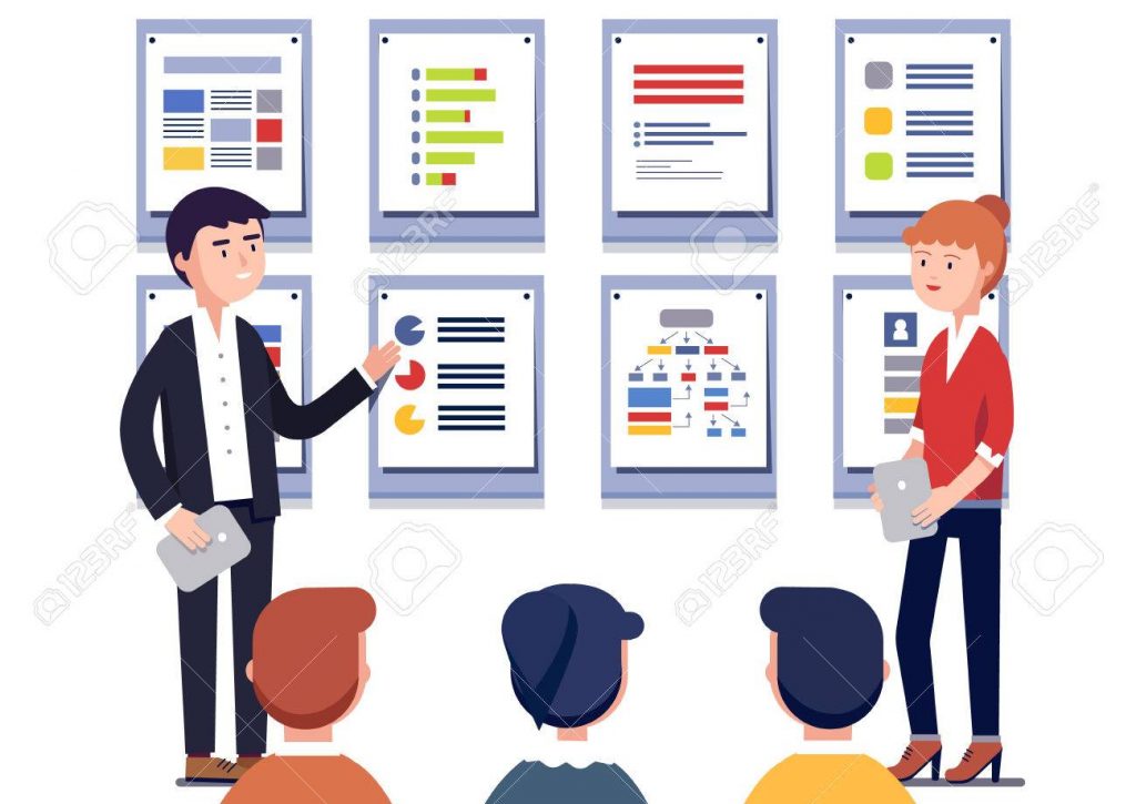 Man and woman presenting their project business plan. Showing data, explaining charts on cards. Business presentation, training or seminar. Flat style vector illustration isolated on white background.